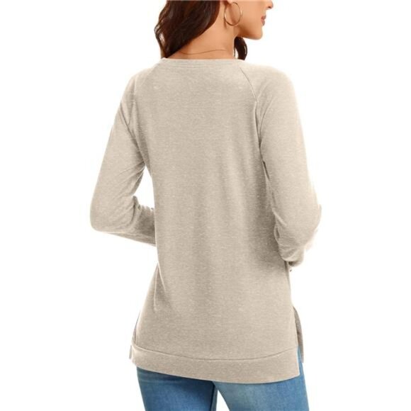 Women’s Long Sleeve Side Split Tunic Top - Loose Crewneck Sweater - Picture 4 of 6